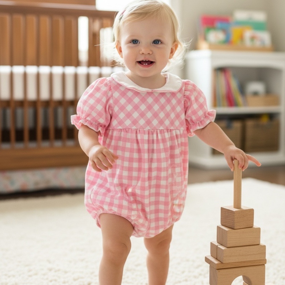 The Beaufort Bonnet Company Pink Checkered Baby Romper 2T
